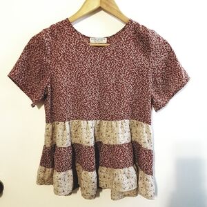 Paper Crane Floral Dainty Baby Doll Red Rust Cream Top Tiered Peplum Prairie XS